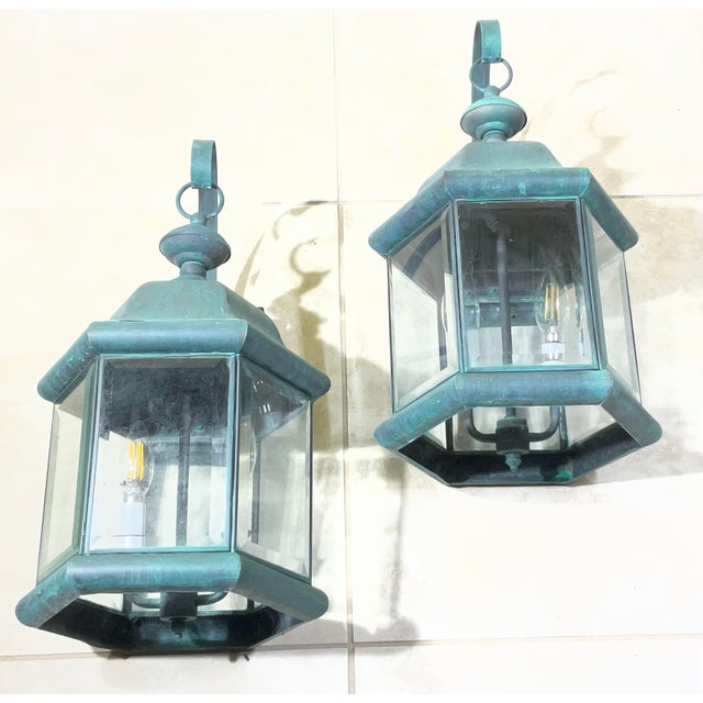 Pair of Solid Brass Outdoor Wall Lantern Sconces – Vintage Aged Verdigris For Sale - Image 14 of 15