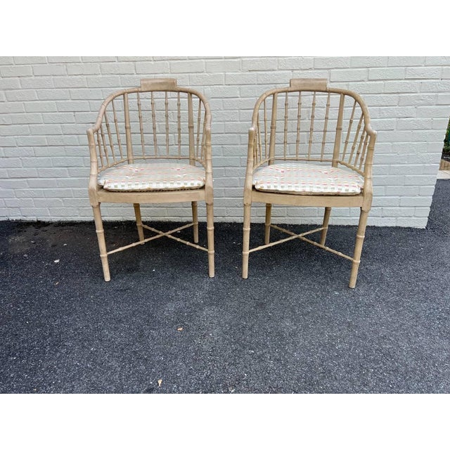 Wood Pair of Mid 20th Century Baker Furniture Vintage Regency Style Tan Color Faux Bamboo Cane Seat Tub Chairs For Sale - Image 7 of 11