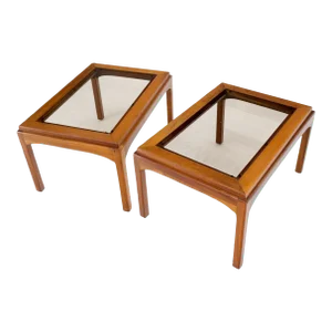 Pair Solid Oiled Walnut Smoked Glass Rectangle End Tables Stands Mid Century
