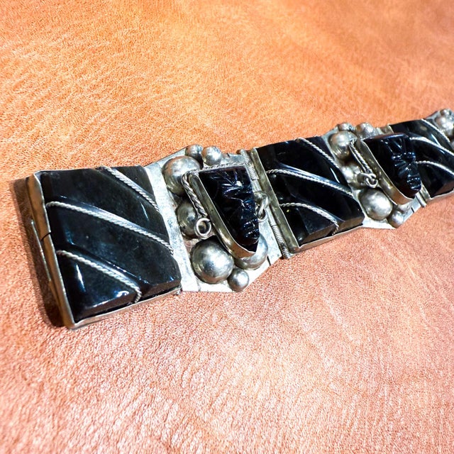 1950s Taxco Onyx Sterling Silver Link Bracelet Mexico For Sale - Image 11 of 12