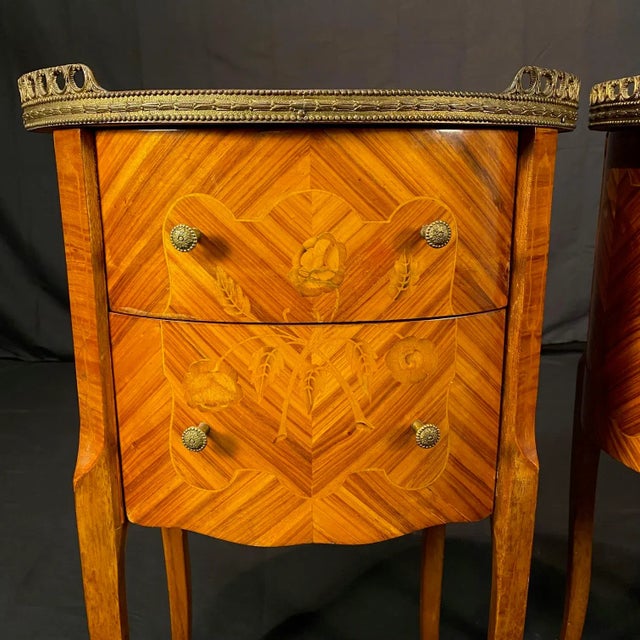 French Louis XV Marquetry Inlaid Vintage Night Stands -a Pair For Sale - Image 11 of 13