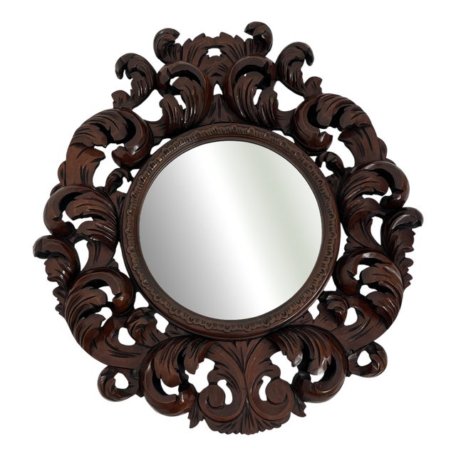 Large Inlaid Walnut Wall Mirror, Made in Italy, 1960s For Sale