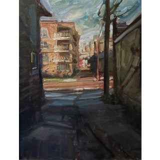 Golden Triangle Sunset by Jim Beckner | Oil on panel Alleyway scene with buildings at sunset. For Sale