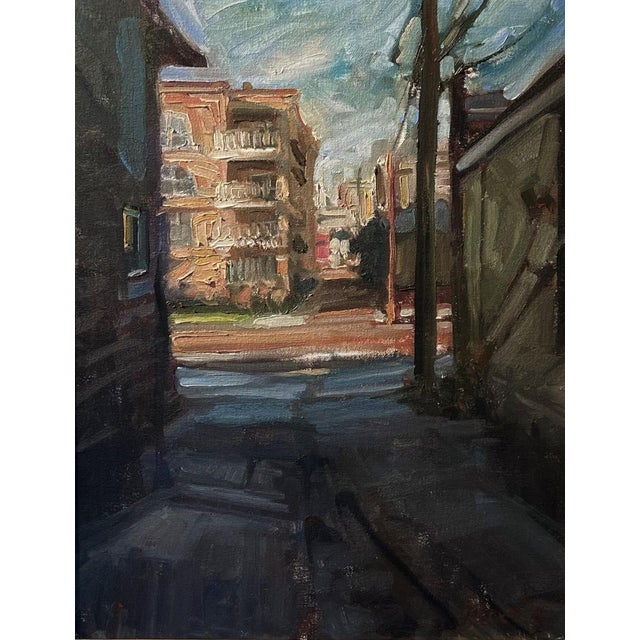 Golden Triangle Sunset by Jim Beckner | Oil on panel Alleyway scene with buildings at sunset. For Sale