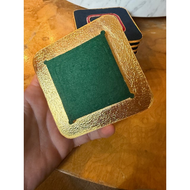 Mid-Century Modern 1970s Gold Suede and Enamel Coaster Set of Six For Sale - Image 3 of 6