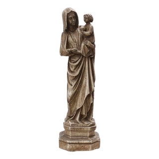 Belgian School, Madonna and Child Statue on Octagonal Base, 1800s, Plaster For Sale