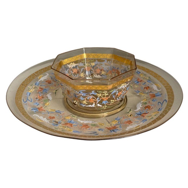 Set for Ten Venetian Gilt-Heightened Enamel Glasses W Plates & Bowls. E. 20th C. For Sale - Image 4 of 17