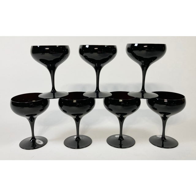 Vintage German Hand-Blown Black Crystal Goblets, Set of 7 For Sale - Image 4 of 9