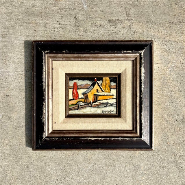 Late 20th Century Vintage Boho Winter Farm Oil Painting in Frame For Sale - Image 5 of 8