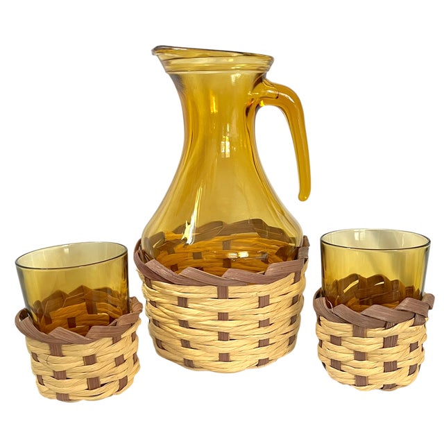 Rustic European Vintage Amber Glass Pitcher & Six Tumblers With Woven Wicker Sleeves, Set of 7 For Sale - Image 3 of 9