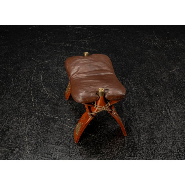 Moroccan Camel Saddle Stool in Stained Wood with Brass and Leather, 1980s For Sale - Image 4 of 18