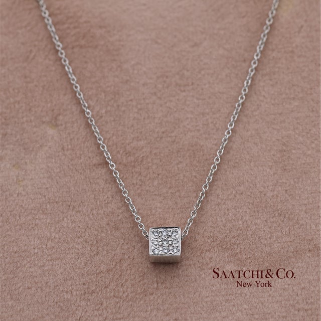 Silver 18k(750) White Gold Natural Diamond Square Box Shape Pendant Necklace With Chain For Sale - Image 8 of 11