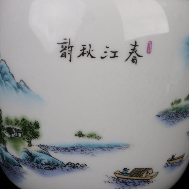 Elegant Chinese porcelain lidded canister, decorated with vibrant famille rose hand-painted landscape scene featuring...