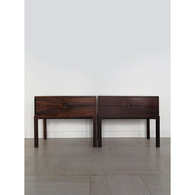 Pair of Scandinavian dark wood bedside tables, model 384, designed by Kai Kristiansen and produced by Aksel Kjersgaard in...