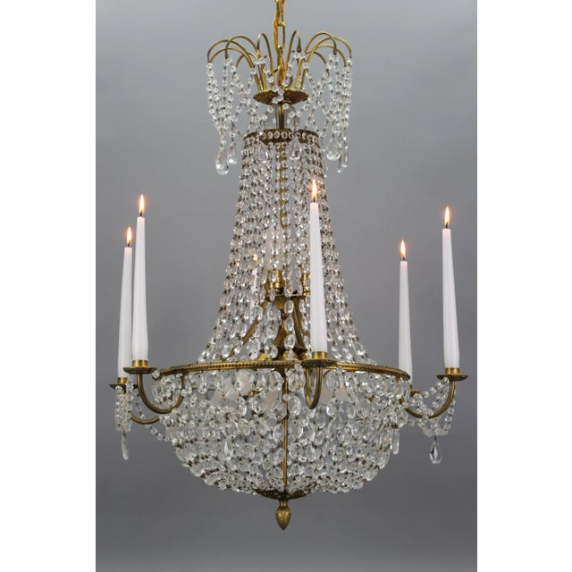 Metal French Louis XVI Style Brass and Crystal Basket 9-Light Chandelier For Sale - Image 7 of 18