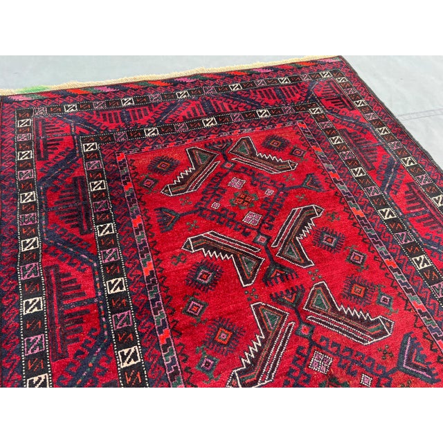 1970s 3'10" X 7'10" Vintage Afghan Hand-Knotted Baluchi Rug, Red Tribal Geometric Kitchen Rug For Sale - Image 5 of 12