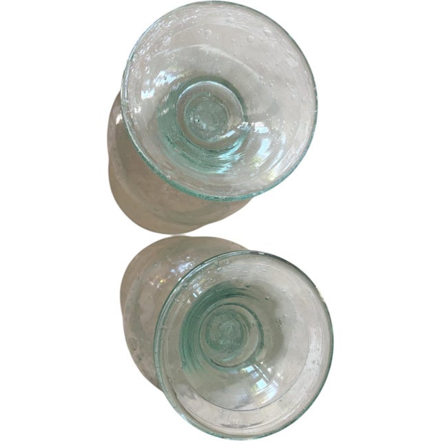 Biot Mid Century French Biot Pale Green 7” Bubble Glass Hurricane Candle Holders / Photophores a Pair For Sale - Image 4 of 7