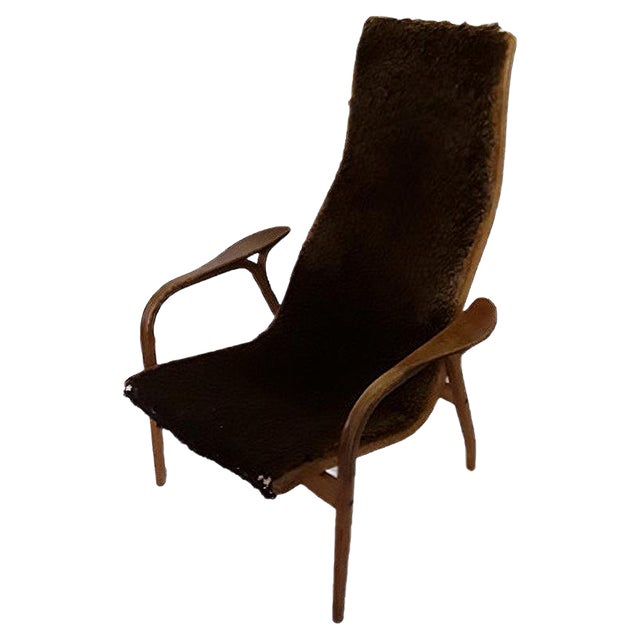 Vintage Swedish Oak Plywood, Linen & Brown Plush Armchair by Yngve Ekström for Swedese, 1965 For Sale