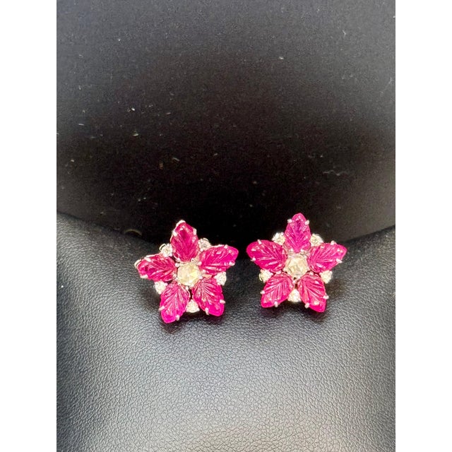 Tutti Frutti Earrings Natural Ruby Carved Leaves & Diamond Earrings in 18 KWG For Sale In New York - Image 6 of 8