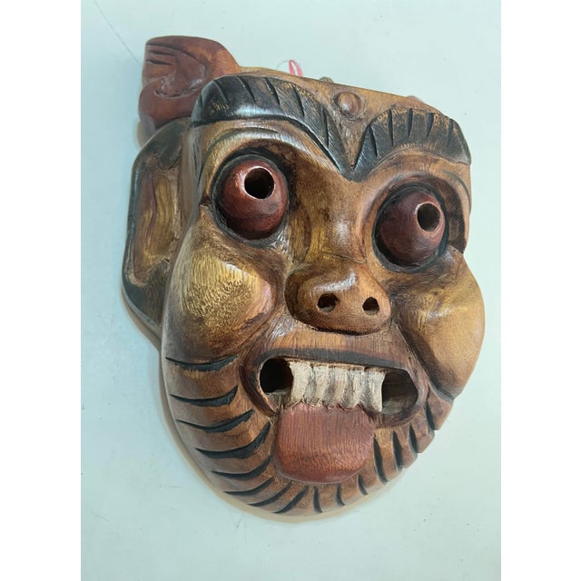 Contemporary Mid 20th Century Thai Hand-Carved Wood Stylized Boar Folk Art Wall Mask For Sale - Image 3 of 12