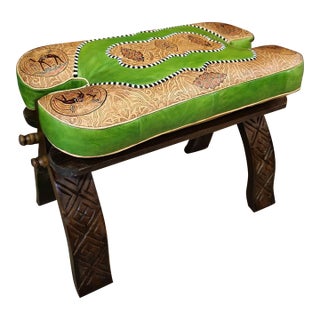 Moroccan Camel Saddle Leather Cushion on Wooden Base in Lime Green and Tan For Sale