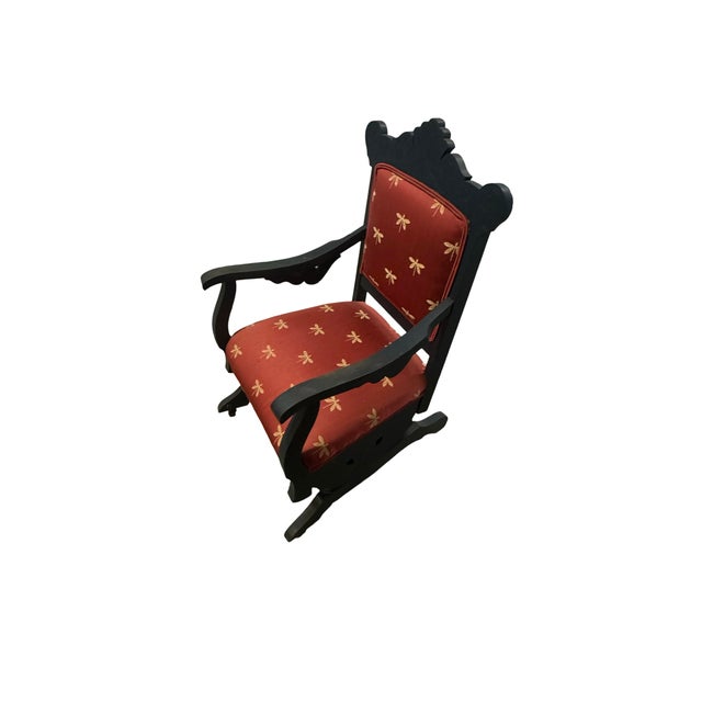 Vintage-Style Carved Wood Glider Rocker With Dragonfly Upholstery For Sale - Image 11 of 11