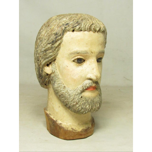 Spanish Antique Spanish Colonial Hand Carved Head of a Santo For Sale - Image 3 of 15