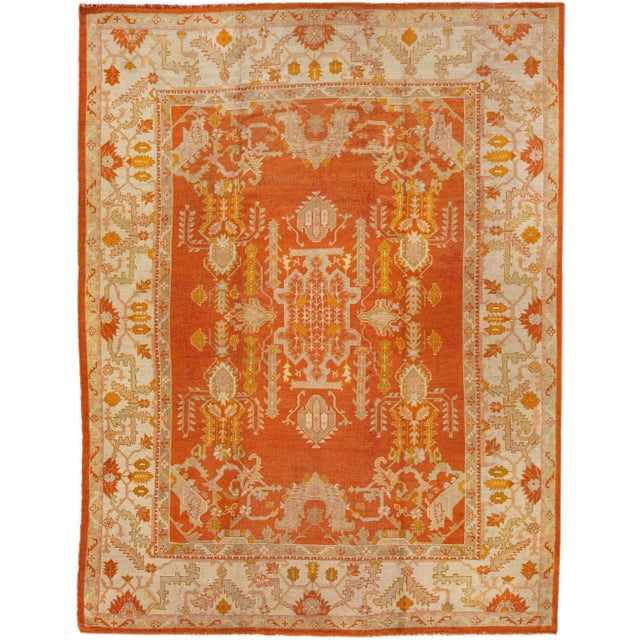 Textile Late 19th Century Orange Antique Turkish Oushak Wool Rug Handmade With Medallion Design For Sale - Image 7 of 7