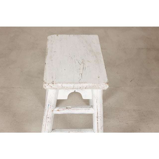Mid 20th Century Vintage Chinese Rustic Country Style White Painted Wooden Stool For Sale - Image 5 of 16