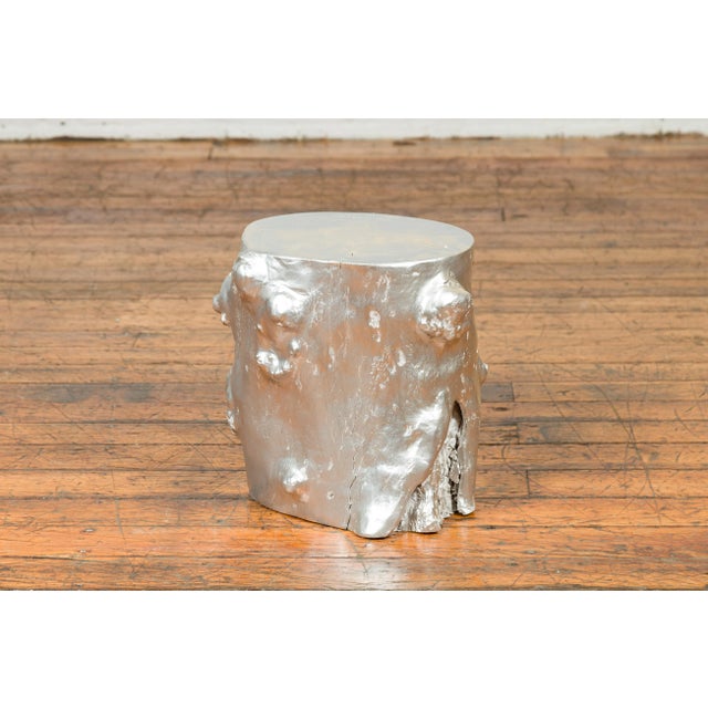 Wood Contemporary Indonesian Silver-Colored Pedestal Tree Stump Pedestal For Sale - Image 7 of 11