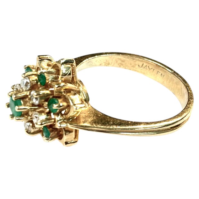 14k Gold Emerald and Diamond Floral Cluster Cocktail Ring Vintage For Sale - Image 4 of 8