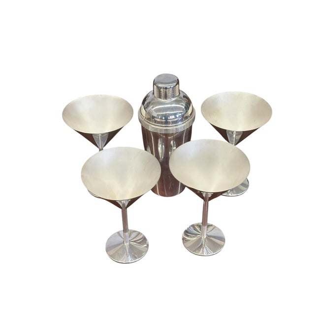 1990s Christofle K-T (Thomas Keller & Adam D. Tihany) Silverplate Cocktail Shaker and Martini Glass Set - Set of 5 For Sale In New York - Image 6 of 15