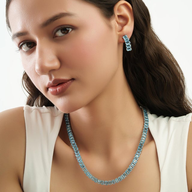52.42 Ct Certified Natural Blue Topaz Tennis Necklace & Drop Earrings Set, 3 Pieces For Sale - Image 4 of 17