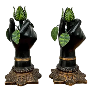 Italian Neo-Classical Style Metal Tole Hand Form & Leaf Candlesticks - Pair