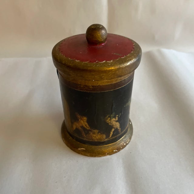 Vintage Italian Florentine canister lidded box. Red and gold. Cherubs Cupid putti