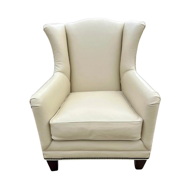 Vintage Henredon Acquisitions Collection Leather Wingback Chairs – Ivory Leather, Geometric Upholstery & Nailhead Trim For Sale - Image 11 of 12