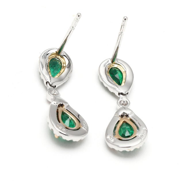 Modern 1.3ctw Emerald and Diamond Pear Dangle Earrings, 14k White Gold, Length .75 In, A Pair For Sale - Image 3 of 5
