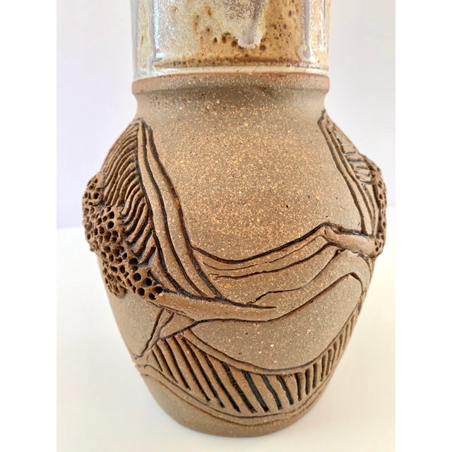 Ceramic Vintage Vase Studio Pottery, Carved Organic Motif, Signed "Moni" For Sale - Image 7 of 13