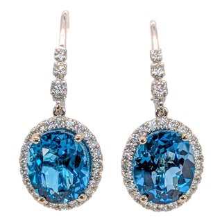 9.6Ct Oval London Blue Topaz Earrings With Diamond Accents in Solid 14k Gold For Sale