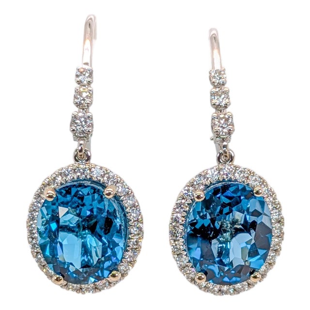 9.6Ct Oval London Blue Topaz Earrings With Diamond Accents in Solid 14k Gold For Sale