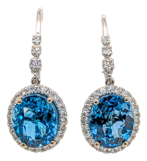 9.6Ct Oval London Blue Topaz Earrings With Diamond Accents in Solid 14k Gold