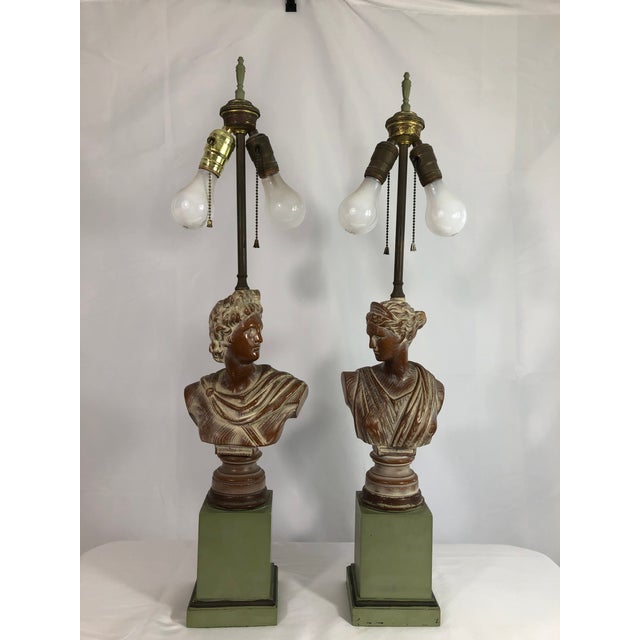 1940s Cerused Oak Neoclassical Bust Lamps - a Pair For Sale - Image 10 of 10