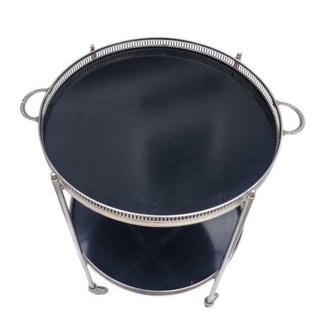 French Hollywood Regency Nickel Bar Cart With Black Formica Trays – Mid Century 2-Tier Trolley For Sale - Image 11 of 11