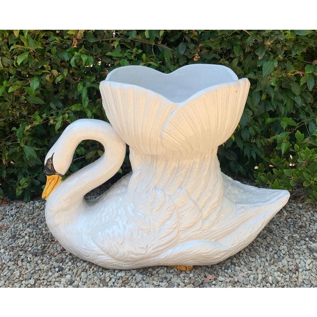 Ceramic Hand Painted Glazed Italian Terra Cotta Swan Planter Jardiniere For Sale - Image 7 of 13