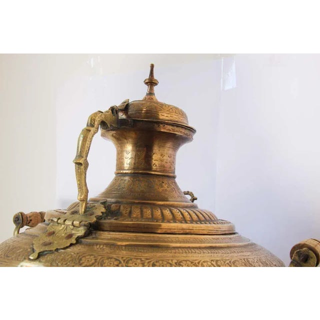 Exceptional large scale handcrafted Moroccan brass samovar with etched and embossed floral designs. Middle Eastern...