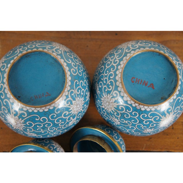 Antique Turquoise Cloisonné Chrysanthemums Lidded Ginger Jar Vase Urn - a Pair For Sale - Image 10 of 12