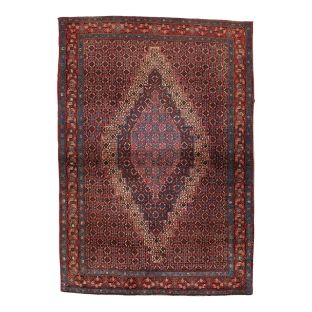 Vintage Persian Tabriz Handmade Oriental Wine Red, Ivory & Navy Rug For Sale