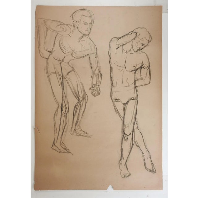 Vintage 1950's charcoal male figural action study drawing. Unsigned. Unframed, due to the pulp content of this vintage...