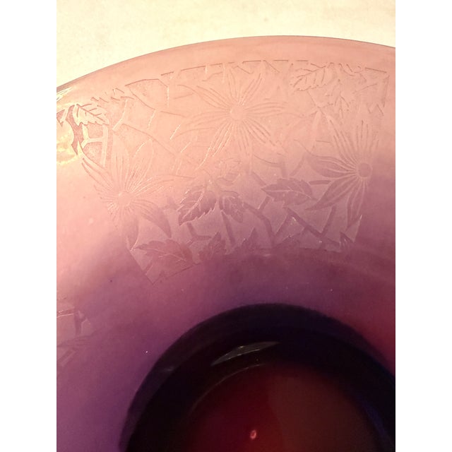 1930s 1930s Amethyst Glass Centerpiece Bowl, Large 14.5" Vintage Purple Console Bowl, Acid Etched Floral Art Deco Lattice For Sale - Image 5 of 14