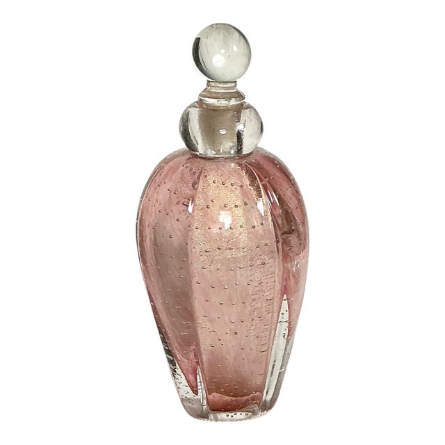 Vintage Murano Art Glass Vase Perfume Decanter Controlled Bubbles Pink and Gold For Sale